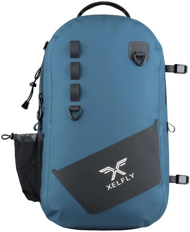 Main image of Waterproof Fishing Backpack with Rod Holder, Inflatable Air Valve, Padded Waist Straps & Gear Loops - Submersible Zipper, Rugged Top Handle, Adjustable Attachments (Blue)