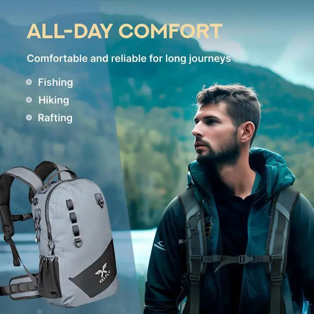 Alt view image 4 of 7 - Waterproof Fishing Backpack with Rod Holder, Inflatable Air Valve, Padded Waist Straps & Gear Loops - Submersible Zipper, Rugged Top Handle, Adjustable Attachments (Blue)