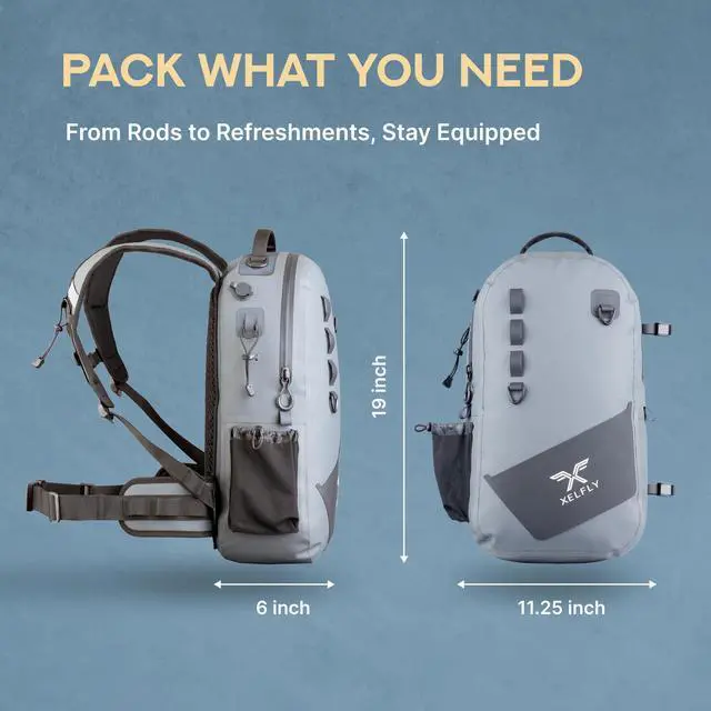 Alt view image 5 of 7 - Waterproof Fishing Backpack with Rod Holder, Inflatable Air Valve, Padded Waist Straps & Gear Loops - Submersible Zipper, Rugged Top Handle, Adjustable Attachments (Blue)