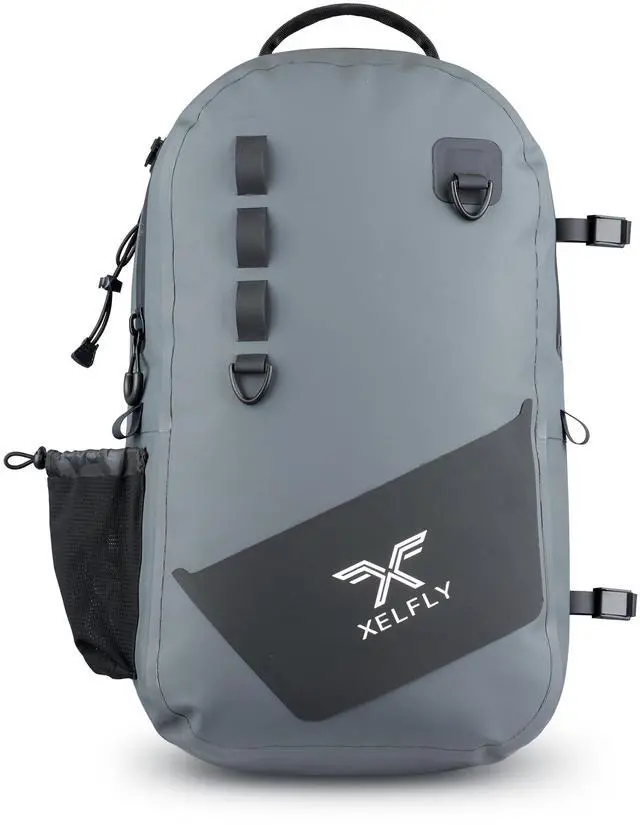 Main image of Waterproof Fishing Backpack with Rod Holder, Inflatable Air Valve, Padded Waist Straps & Gear Loops - Submersible Zipper, Rugged Top Handle, Adjustable Attachments (Gray)