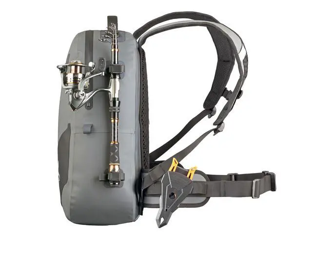 Alt view image 7 of 7 - Waterproof Fishing Backpack with Rod Holder, Inflatable Air Valve, Padded Waist Straps & Gear Loops - Submersible Zipper, Rugged Top Handle, Adjustable Attachments (Gray)