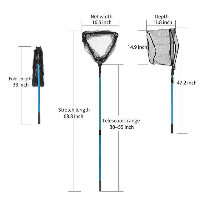 Alt view image 3 of 7 - Aluminum Collapsible Telescopic Fishing Net for Ice Salt/Freshwater | Sturdy Pole, Non-Slip Rubber Handle, One-click Storage, Extended to 37in/43in/51in/69in/85in, Black, Blue, Green