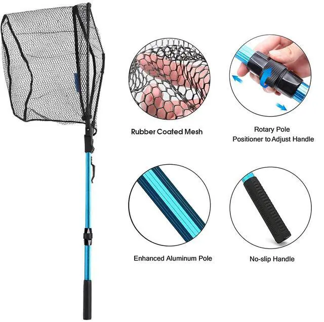 Alt view image 5 of 7 - Aluminum Collapsible Telescopic Fishing Net for Ice Salt/Freshwater | Sturdy Pole, Non-Slip Rubber Handle, One-click Storage, Extended to 37in/43in/51in/69in/85in, Black, Blue, Green