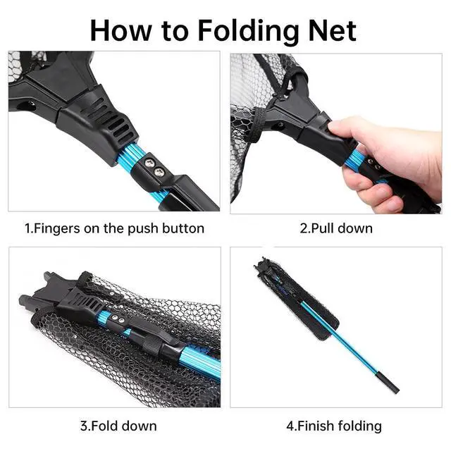 Alt view image 7 of 7 - Aluminum Collapsible Telescopic Fishing Net for Ice Salt/Freshwater | Sturdy Pole, Non-Slip Rubber Handle, One-click Storage, Extended to 37in/43in/51in/69in/85in, Black, Blue, Green