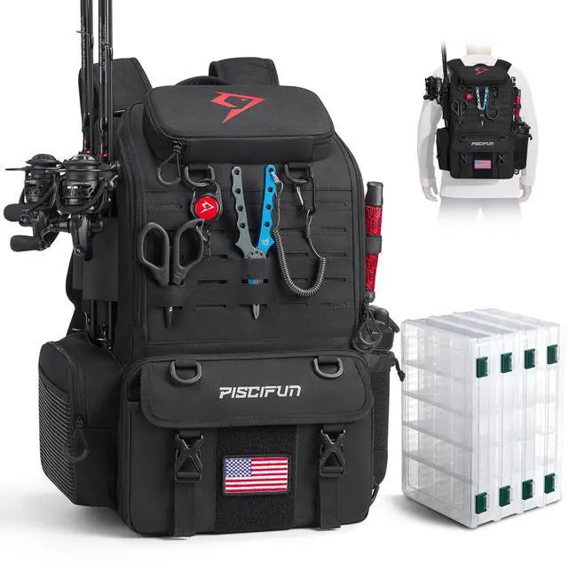 Main image of 52L Fishing Tackle Backpack, 17 Pockets, Rod Holders & 4 Boxes | 52L, 17 compartments, 4 tackle boxes, Rain cover, Breathable support