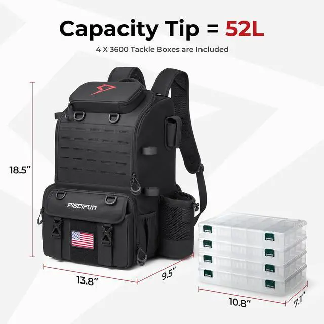 Alt view image 3 of 7 - 52L Fishing Tackle Backpack, 17 Pockets, Rod Holders & 4 Boxes | 52L, 17 compartments, 4 tackle boxes, Rain cover, Breathable support