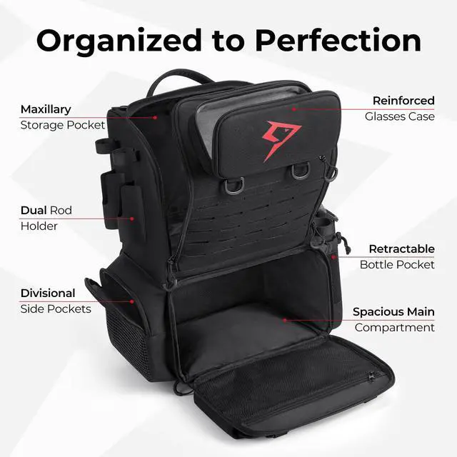 Alt view image 5 of 7 - 52L Fishing Tackle Backpack, 17 Pockets, Rod Holders & 4 Boxes | 52L, 17 compartments, 4 tackle boxes, Rain cover, Breathable support
