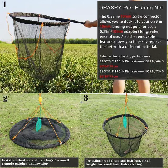 Alt view image 3 of 6 - Foldable Bridge and Pier Fishing Landing Net - High Load-Bearing Aluminum Ring Drop Net for Saltwater Freshwater - Collapsible Basket With 49.2 FT Rope