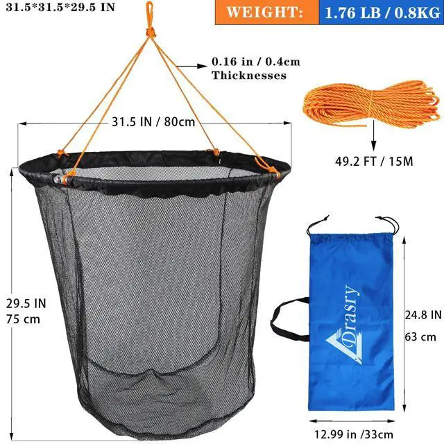 Alt view image 6 of 6 - Foldable Bridge and Pier Fishing Landing Net - High Load-Bearing Aluminum Ring Drop Net for Saltwater Freshwater - Collapsible Basket With 49.2 FT Rope