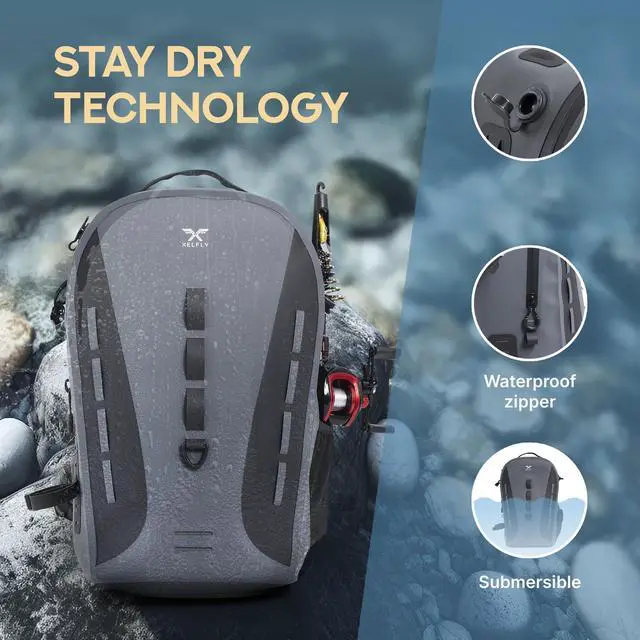 Alt view image 2 of 7 - Waterproof Fishing Backpack G2 with Rod Holder, Inflatable Air Valve, Padded Waist Straps & Gear Loops - Submersible Zipper, Rugged Top Handle, Adjustable Attachments (Gray)