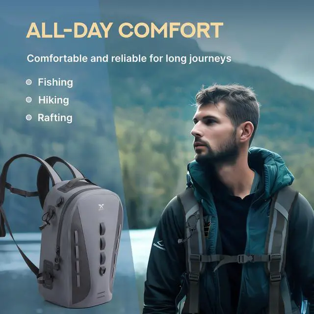 Alt view image 4 of 7 - Waterproof Fishing Backpack G2 with Rod Holder, Inflatable Air Valve, Padded Waist Straps & Gear Loops - Submersible Zipper, Rugged Top Handle, Adjustable Attachments (Gray)