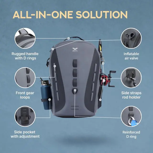 Alt view image 3 of 7 - Waterproof Fishing Backpack G2 with Rod Holder, Inflatable Air Valve, Padded Waist Straps & Gear Loops - Submersible Zipper, Rugged Top Handle, Adjustable Attachments (Gray)