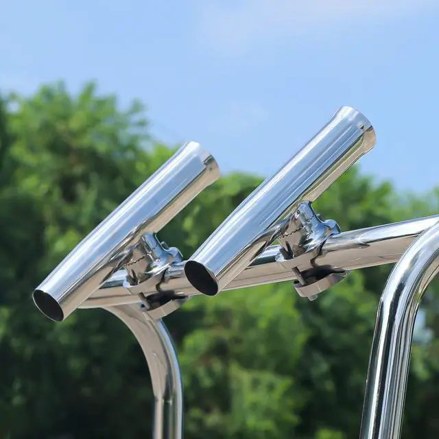 Main image of (2X) 316 Stainless Tournament Style Boat Fishing Holder Clamp on Fishing Rod Holder for Boat 1-1/4" to 2" Rail Gimbal Pin at Bottom