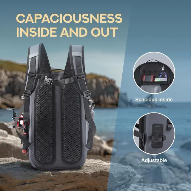 Alt view image 6 of 7 - Waterproof Fishing Backpack G2 with Rod Holder, Inflatable Air Valve, Padded Waist Straps & Gear Loops - Submersible Zipper, Rugged Top Handle, Adjustable Attachments (Gray)