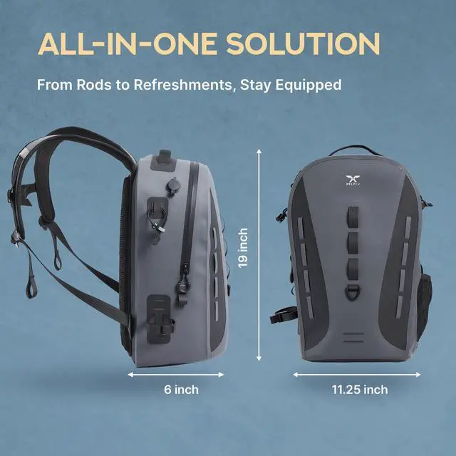 Alt view image 5 of 7 - Waterproof Fishing Backpack G2 with Rod Holder, Inflatable Air Valve, Padded Waist Straps & Gear Loops - Submersible Zipper, Rugged Top Handle, Adjustable Attachments (Gray)