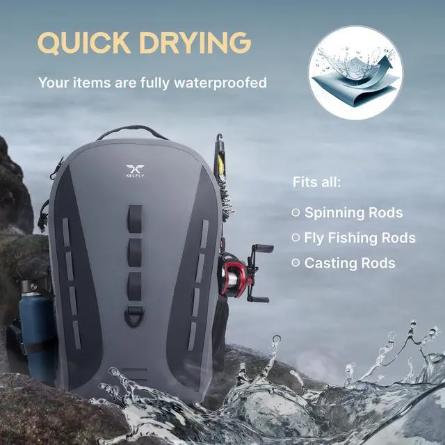 Alt view image 7 of 7 - Waterproof Fishing Backpack G2 with Rod Holder, Inflatable Air Valve, Padded Waist Straps & Gear Loops - Submersible Zipper, Rugged Top Handle, Adjustable Attachments (Gray)