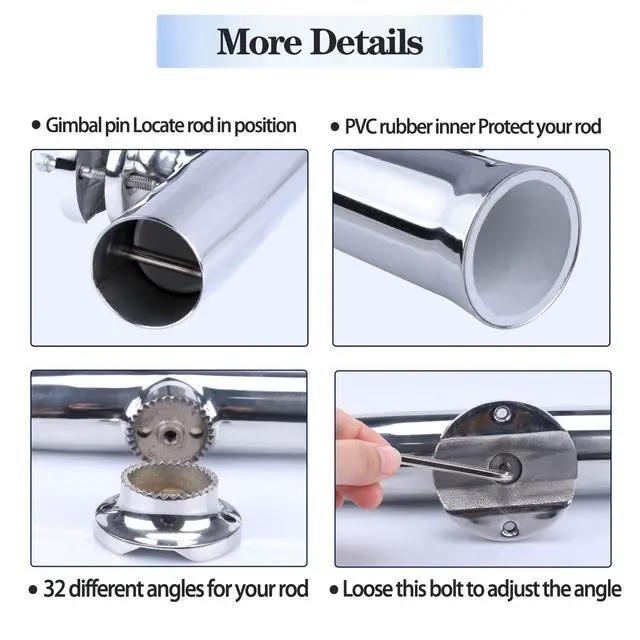 Alt view image 4 of 7 - (2X) 316 Stainless Tournament Style Boat Fishing Holder Clamp on Fishing Rod Holder for Boat 1-1/4" to 2" Rail Gimbal Pin at Bottom