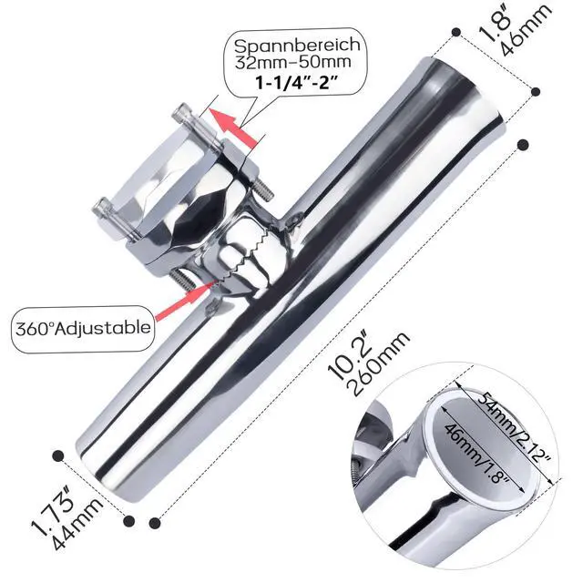Alt view image 3 of 7 - (2X) 316 Stainless Tournament Style Boat Fishing Holder Clamp on Fishing Rod Holder for Boat 1-1/4" to 2" Rail Gimbal Pin at Bottom