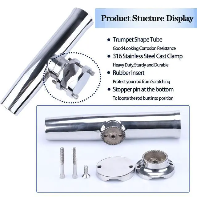 Alt view image 5 of 7 - (2X) 316 Stainless Tournament Style Boat Fishing Holder Clamp on Fishing Rod Holder for Boat 1-1/4" to 2" Rail Gimbal Pin at Bottom