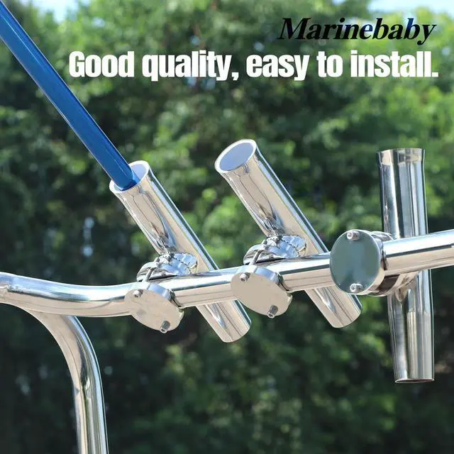 Alt view image 2 of 7 - (2X) 316 Stainless Tournament Style Boat Fishing Holder Clamp on Fishing Rod Holder for Boat 1-1/4" to 2" Rail Gimbal Pin at Bottom