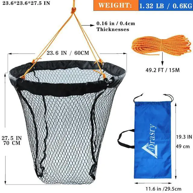 Alt view image 6 of 6 - Foldable Bridge and Pier Fishing Landing Net - High Load-Bearing Aluminum Ring Drop Net for Saltwater Freshwater - Collapsible Basket With 49.2 FT Rope