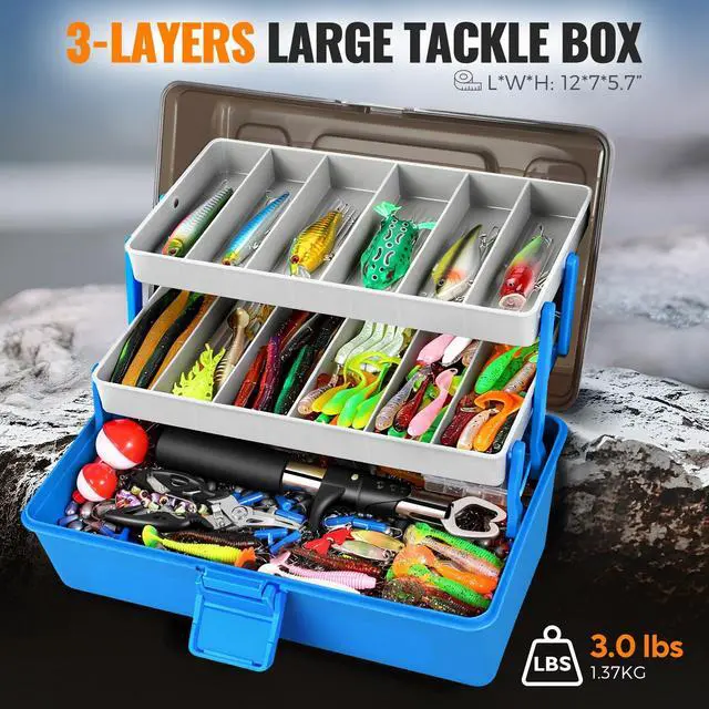 Alt view image 3 of 7 - Large 3 Layers Fishing Tackle Box with Tackle Included, 415Pcs Fishing Lures Kit Contains Pliers, Crankbait, Weights, Accessories, Portable Fishing Gear Gifts for Men Starter Kits Bass Trout