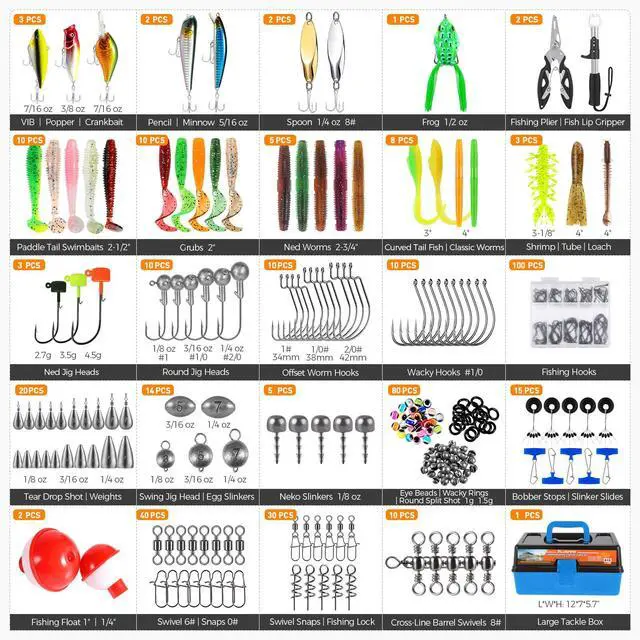 Alt view image 5 of 7 - Large 3 Layers Fishing Tackle Box with Tackle Included, 415Pcs Fishing Lures Kit Contains Pliers, Crankbait, Weights, Accessories, Portable Fishing Gear Gifts for Men Starter Kits Bass Trout