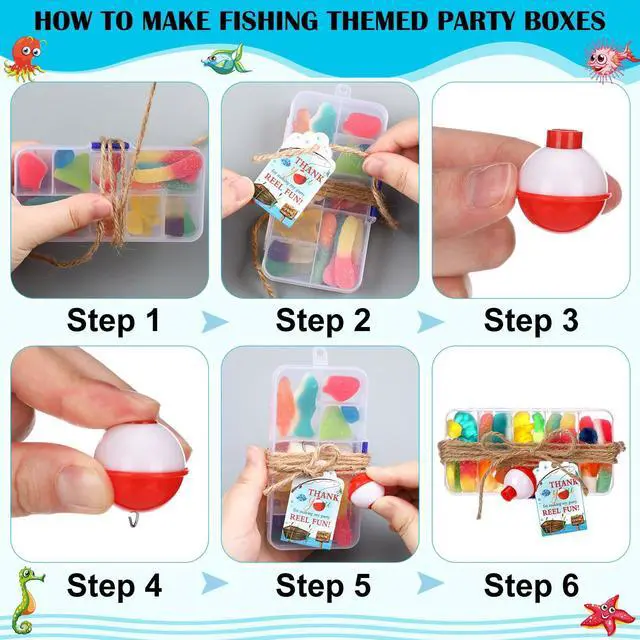 Alt view image 3 of 5 - 72 Sets Fishing Party Favors Candy Little Tackle Boxes with Red White Floater Thank You Cards for Making My Reel Fun Fishing Theme Party Decorations