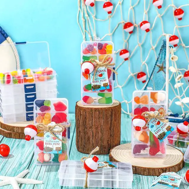 Alt view image 5 of 5 - 72 Sets Fishing Party Favors Candy Little Tackle Boxes with Red White Floater Thank You Cards for Making My Reel Fun Fishing Theme Party Decorations