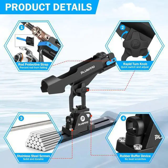 Alt view image 4 of 7 - Kayak Fishing Rod Holder with Tracks, 2 in 1 Kayak Accessories | Fishing Rod Pole Holders for Boat, Track Mount / Deck Mount with Fishing Rod Protective Strap, Kayak Rail, Rotatable