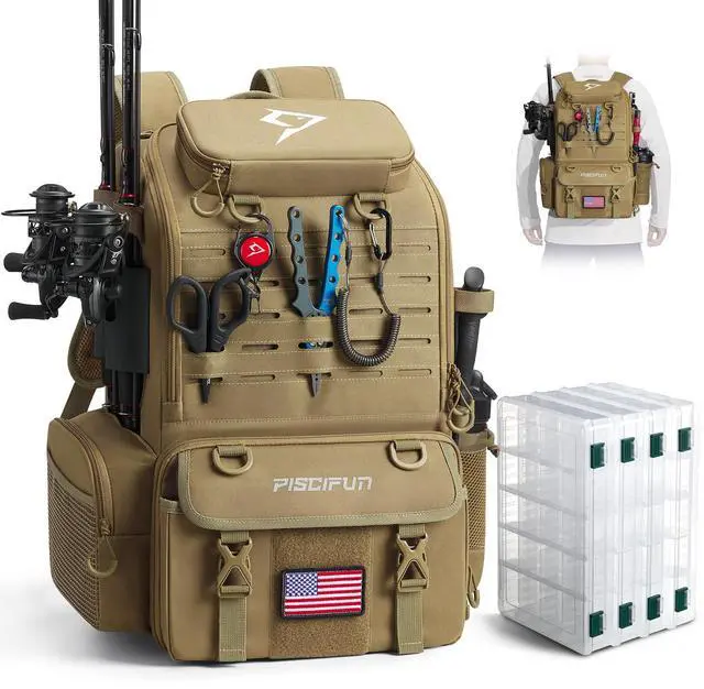 Main image of 52L Fishing Tackle Backpack, 17 Pockets, Rod Holders & 4 Boxes | 52L, 17 compartments, 4 tackle boxes, Rain cover, Breathable support