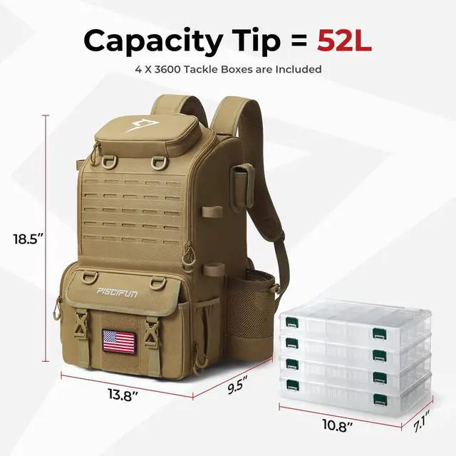 Alt view image 3 of 7 - 52L Fishing Tackle Backpack, 17 Pockets, Rod Holders & 4 Boxes | 52L, 17 compartments, 4 tackle boxes, Rain cover, Breathable support