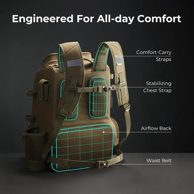 Alt view image 6 of 7 - 52L Fishing Tackle Backpack, 17 Pockets, Rod Holders & 4 Boxes | 52L, 17 compartments, 4 tackle boxes, Rain cover, Breathable support