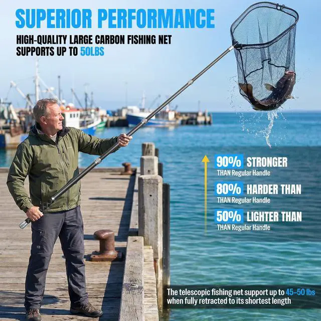 Alt view image 2 of 7 - Large Fishing Net, 3.4-7.7 FT Carbon Fiber Fish Net with Long Telescoping Handle, Kayak Fishing Gear Accessories Foldable Landing Net for Bass, Trout, Catfish, Fishing Gifts for Men Father