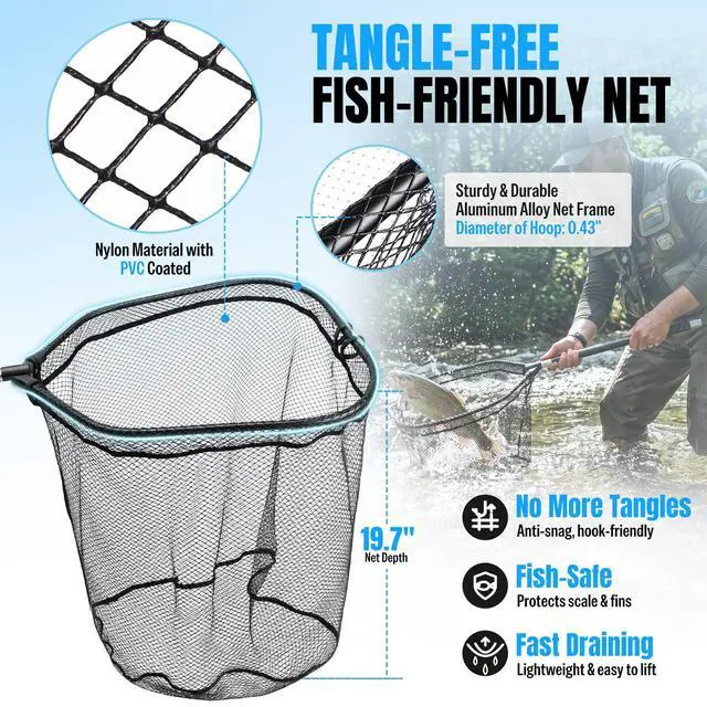 Alt view image 3 of 7 - Large Fishing Net, 3.4-7.7 FT Carbon Fiber Fish Net with Long Telescoping Handle, Kayak Fishing Gear Accessories Foldable Landing Net for Bass, Trout, Catfish, Fishing Gifts for Men Father