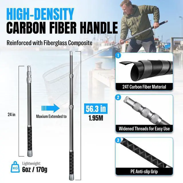 Alt view image 4 of 7 - Large Fishing Net, 3.4-7.7 FT Carbon Fiber Fish Net with Long Telescoping Handle, Kayak Fishing Gear Accessories Foldable Landing Net for Bass, Trout, Catfish, Fishing Gifts for Men Father