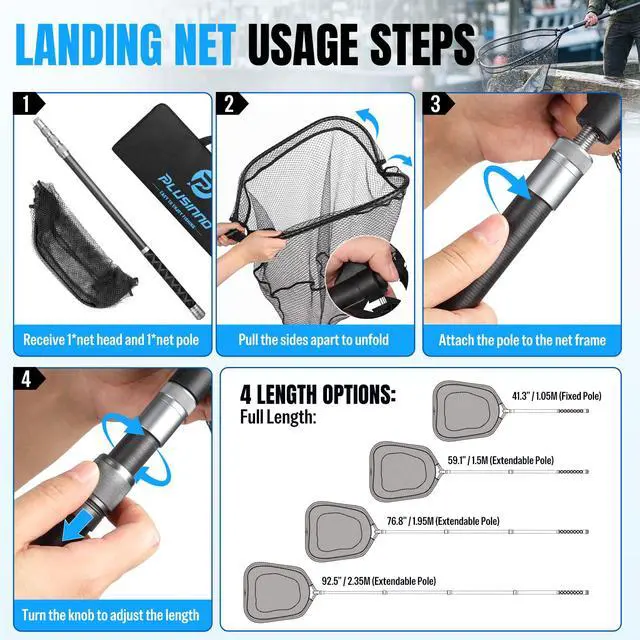 Alt view image 5 of 7 - Large Fishing Net, 3.4-7.7 FT Carbon Fiber Fish Net with Long Telescoping Handle, Kayak Fishing Gear Accessories Foldable Landing Net for Bass, Trout, Catfish, Fishing Gifts for Men Father