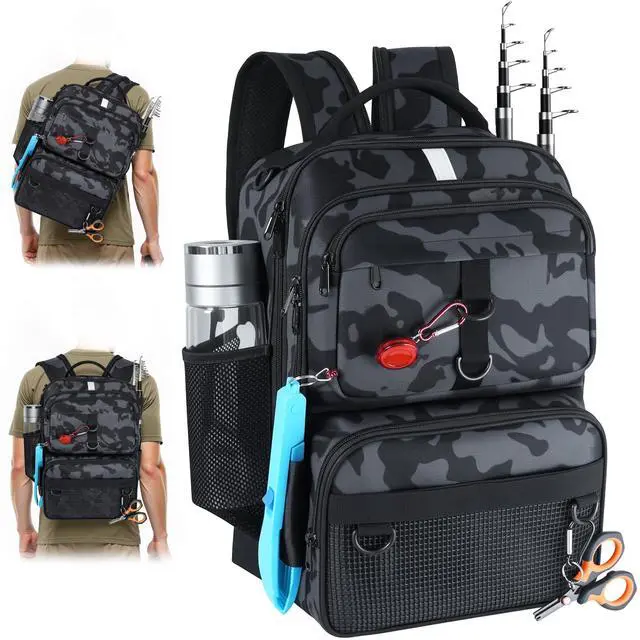 Main image of Fishing Backpack with Tackle Boxes and Rod Holder, 24L Fishing Sling Bag with Fishing Lures Kit, Fishing Gear Bag Gifts for Men Women - Camo Backpack