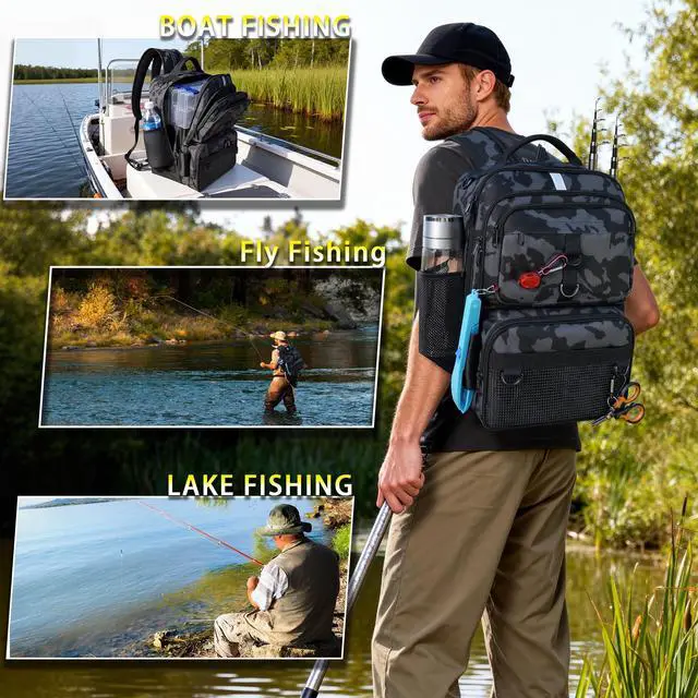 Alt view image 7 of 7 - Fishing Backpack with Tackle Boxes and Rod Holder, 24L Fishing Sling Bag with Fishing Lures Kit, Fishing Gear Bag Gifts for Men Women - Camo Backpack