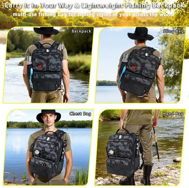 Alt view image 6 of 7 - Fishing Backpack with Tackle Boxes and Rod Holder, 24L Fishing Sling Bag with Fishing Lures Kit, Fishing Gear Bag Gifts for Men Women - Camo Backpack
