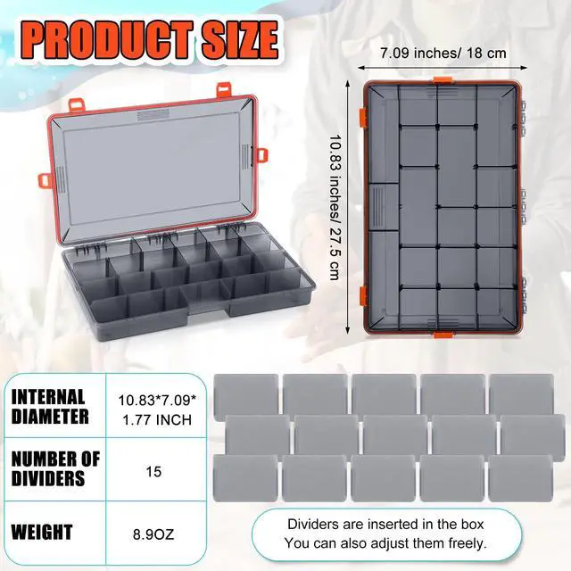 Alt view image 2 of 6 - 12 Pack Fishing Tackle Boxes Waterproof 3600 and 3700 Tackle Trays with Removable Dividers Plastic Storage Organizer Bait Vault Camouflage Box for Freshwater Saltwater (Orange,3600)