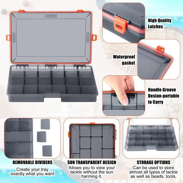 Alt view image 3 of 6 - 12 Pack Fishing Tackle Boxes Waterproof 3600 and 3700 Tackle Trays with Removable Dividers Plastic Storage Organizer Bait Vault Camouflage Box for Freshwater Saltwater (Orange,3600)