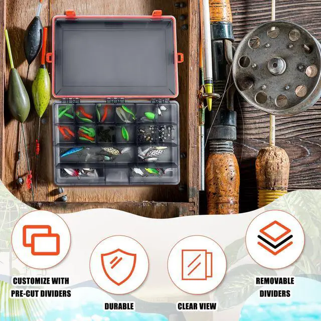 Alt view image 4 of 6 - 12 Pack Fishing Tackle Boxes Waterproof 3600 and 3700 Tackle Trays with Removable Dividers Plastic Storage Organizer Bait Vault Camouflage Box for Freshwater Saltwater (Orange,3600)
