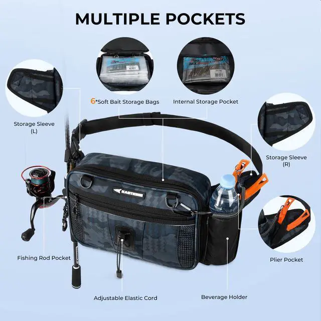Alt view image 2 of 7 - BaitSpace Waist Bag Waterproof Tackle Storage Bag With Adjustable Belt, Fishing Fanny Pack for Men, Soft Bait Organizer, 3600 Utility Box, Rod Holder, Nylon