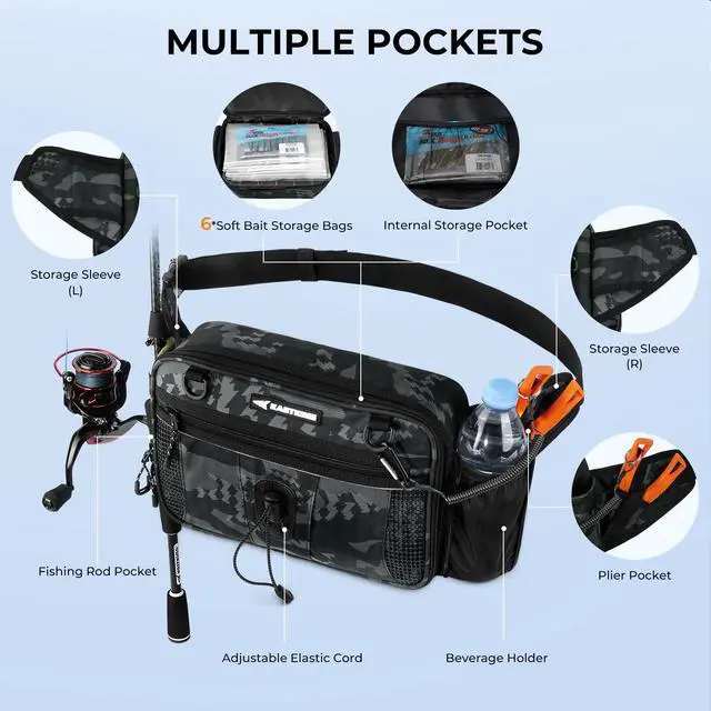 Alt view image 2 of 7 - BaitSpace Waist Bag Waterproof Tackle Storage Bag With Adjustable Belt, Fishing Fanny Pack for Men, Soft Bait Organizer, 3600 Utility Box, Rod Holder, Nylon