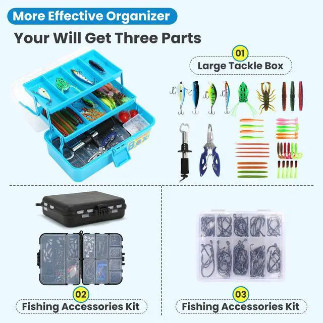 Alt view image 2 of 6 - Pro 3-Layer FishingTackle Box Kit with Accessories Set,Including Saltwater and Freshwater Lures,Tools,Spacious Storage,All-in-One Bass Fishing Gear Set & Gift for Men(339pcs Fishing Tackle Box)