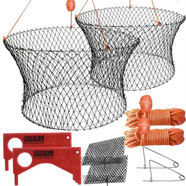 Main image of Crab Trap Hoop Net 2 Ring Trap for Pier Dock Jetty Dungeness Rock Blue Crabs with Float, Line Bait Clip and Bag 24" x 20" x 14"