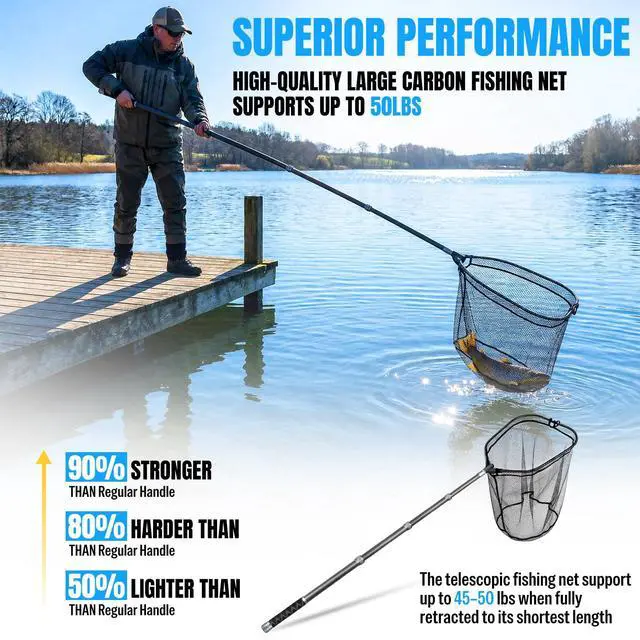 Alt view image 2 of 7 - Large Fishing Net, 3.4-7.7 FT Carbon Fiber Fish Net with Long Telescoping Handle, Kayak Fishing Gear Accessories Foldable Landing Net for Bass, Trout, Catfish, Fishing Gifts for Men Father