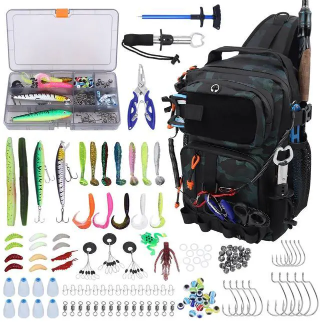 Main image of Fishing Backpack with Tackle Boxes,Waterproof Fishing Shoulder Bag for Fishing Gear,Fish Bag with 136 Pcs Fishing Lures Kit,Fish Hook Remover Tool,Fish Lip Gripper,Fishing Plier,Gifts for Men (Green)