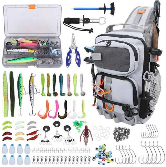 Main image of Fishing Backpack with Tackle Boxes,Waterproof Fishing Shoulder Bag with Rod Holder,Fish Bag with 136 Pcs Fishing Lures Kit,Fish Hook Remover Tool,Fish Lip Gripper,Fishing Plier,Gifts for Men (Gray)